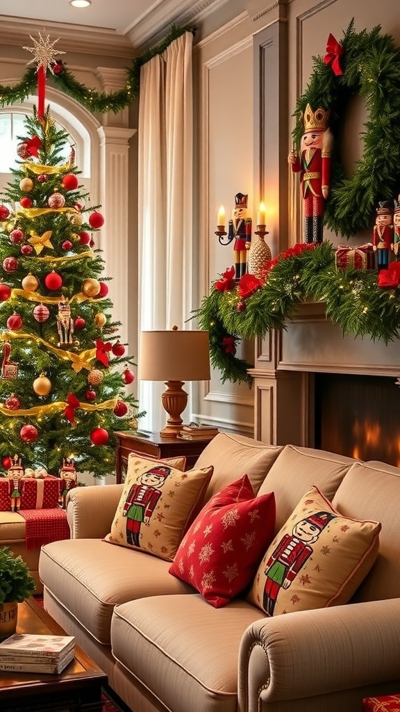 A festive living room decorated for Christmas with nutcracker-themed decor, including a Christmas tree and nutcracker figurines.